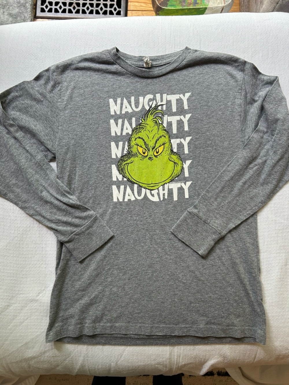Gray Long-Sleeve Kids Tee with Green Grinch Graphic - NAUGHTY Print